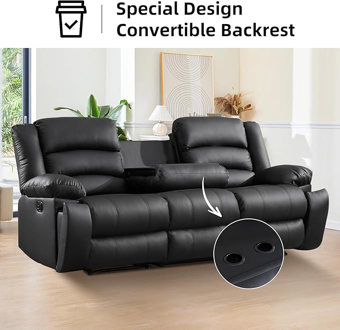 EBELLO Faux Leather Manual Reclining Sofa with 2 Concealed Cup Holders Overstuffed Armrest 3 Seat Recliner Sofa Couch for Living Room Meeting Room Bedroom Black