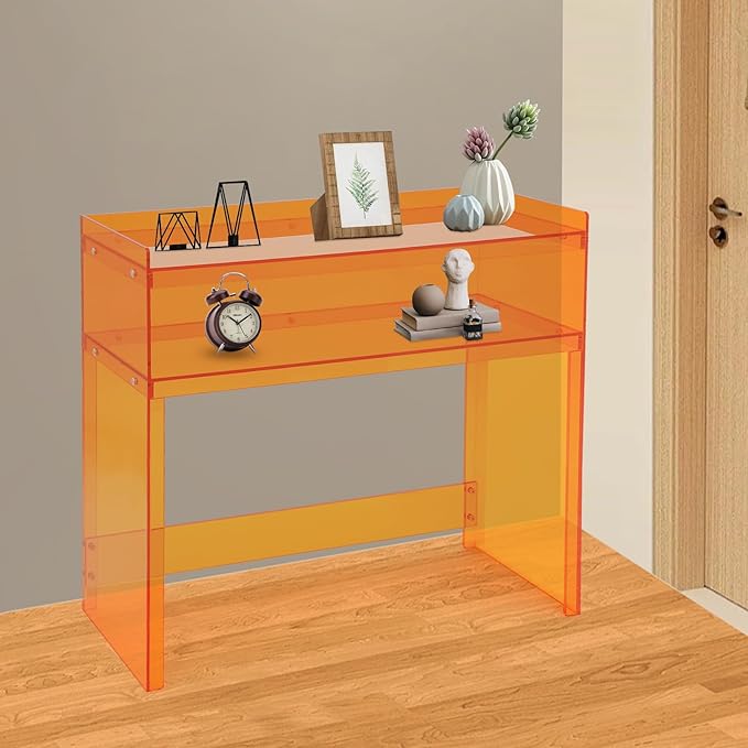 Acrylic Console Table 39.4×11.8×31.5in Laptop Workstation Study Table Modern Home Office Acrylic Console Desk for Living Room Office Entryway Hallway (Orange)
