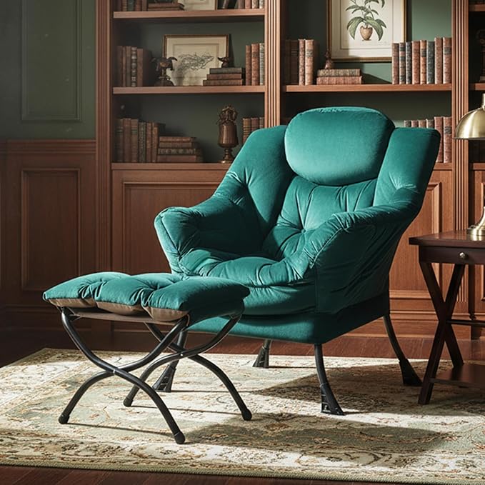 Tiita Lazy Chair with Ottoman Green Modern Large Accent Chair Comfy Leisure Sofa Armchair with Ottoman Reading Chair with Footrest for Bedroom Living Room Dorm Rooms Green