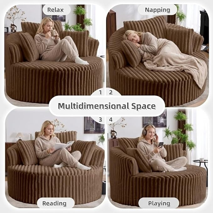 Oversized Upholstered Chaise Lounge Chair Indoor Corduroy Deep Seat Accent Chair Plush Boneless Barrel Sofa Chair for Living Room Bedroom Apartment (Brown 57 Inch)