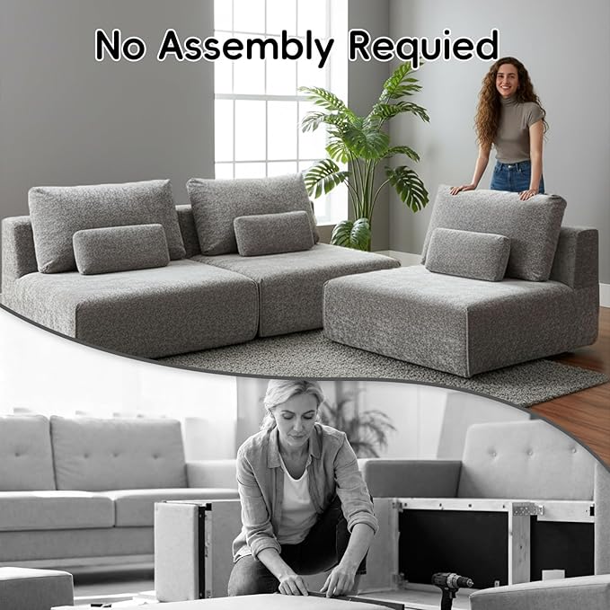 Modular Sectional Sofa 2-Piece Grey Plush Velvet Loveseat Couch No-Assembly Compressed Deep-Seat 2-Seat for Small Spaces Living Rooms Apartments
