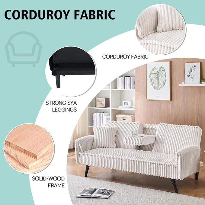 Futon Sofa Bed Modern Folding Couch for Small Space 72'' Corduroy Convertible Loveseat Sleeper Bed Daybed Recliner Lounge Sofas for Living Room2 Cup HoldersMetal LegsRemovable Armrests (White I)