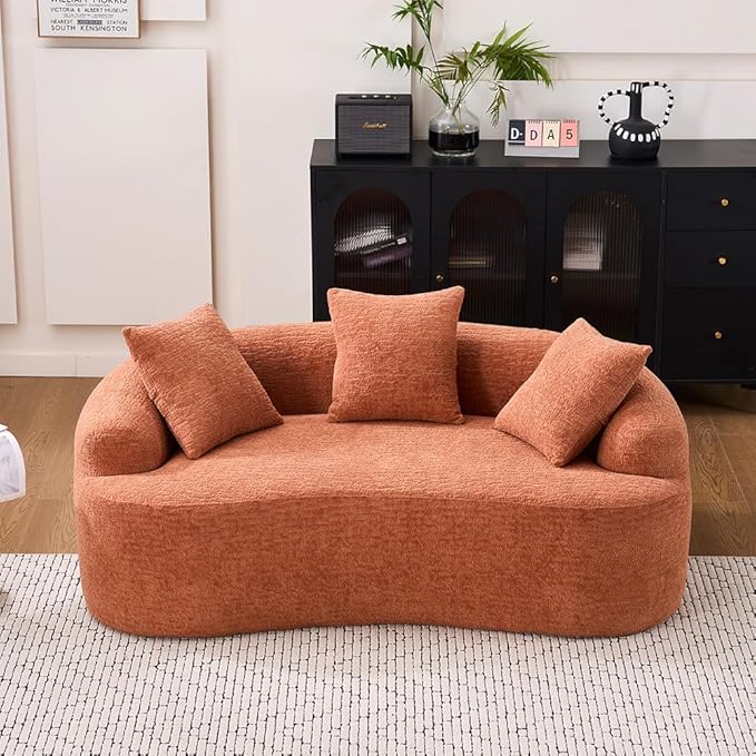 Curved Loveseat Sofa Couch for Living Room 65’’ Modern Comfy Cloud Floor Couch Round Sofa Full Sponge Compression Sofas with Deep Seat for Small Spaces Apartment No Assembly Needed Chenille Orange
