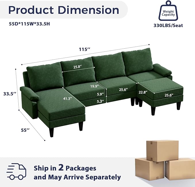 FONTOI U Shaped Sectional Couch Convertible Modular Sectional Sofa with Chaise &amp Ottomans Modern 6 Seat U Shaped Couches for Living Room Apartment Green