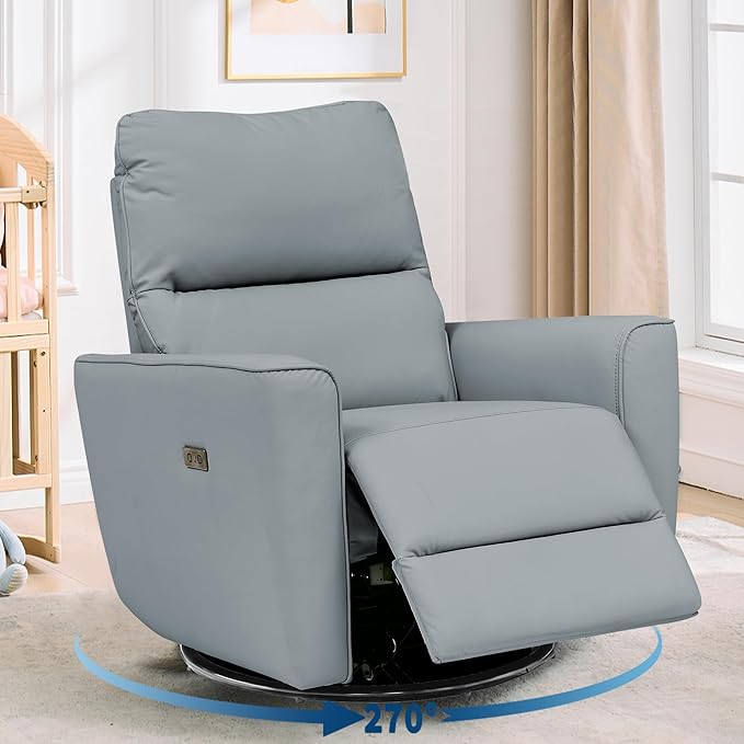 GarveeHome Power Recliner Chair 270° Swivel Rocking Glider with USB Charging Port PU Leather Upholstered Fabric Ergonomic Modern Nursery Chair for Living Room Bedroom Nursery (Light Grey)