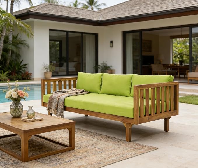 Merax Solid Acacia Wood Couch Chaise Lounge Chair Indoor 3 Seater Daybed Sofa Couches with Cushions &amp Pillow Heavy Frame Day Bed for Living Room Office Outdoor Balcony Patio Water Resistant