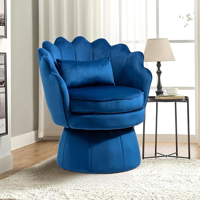 Swivel Barrel Chairs Set of 2 Small Accent Armchair Navy Blue Velvet Upholstered Mid-Century Modern Style for Living Room/Bedroom/Waiting Room for Relaxing &amp Reading Pillow Included