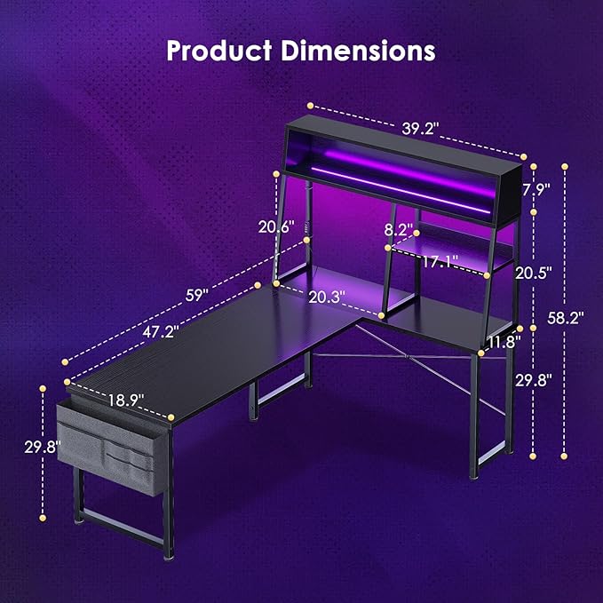 AODK L Shaped Gaming Desk with Led Lights 59 Inch Reversible Gaming Computer Desk with Display Shelves PC Gamer Desk Gamer Table with Storage Bag L Desk for Game Black