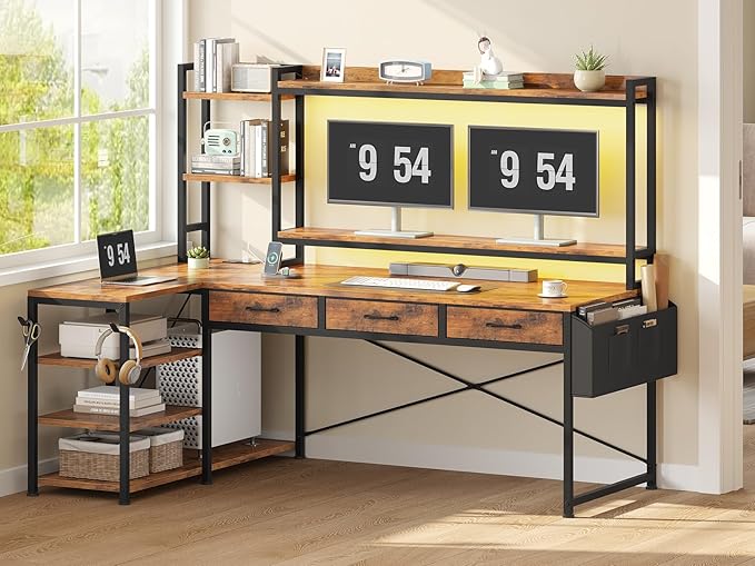 SEDETA 55 L Shaped Desk with Hutch Corner Computer Desk with Drawers &amp Shelves Reversible L Shaped Gaming Desk with Power Strip &amp LED Lights Monitor Stand Headphone Hook Rustic Brown