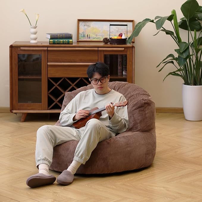 N&ampV Large Crescent Bean Bag Chair Adult Size Bean Bag Sack Foam Filling Soft Premium Corduroy Bean Bag for Living Room Bedroom Dorm and Office (Brown Sugar)