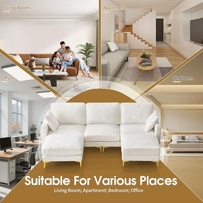 VINGLI 100 W U Shaped Couch with Ottoman 22 Deep Seat Comfortable Sectional Couches for Living Room 3 Seater Chenille Fabric Cloud Sofa for Apartment Small Spaces Bedroom Beige