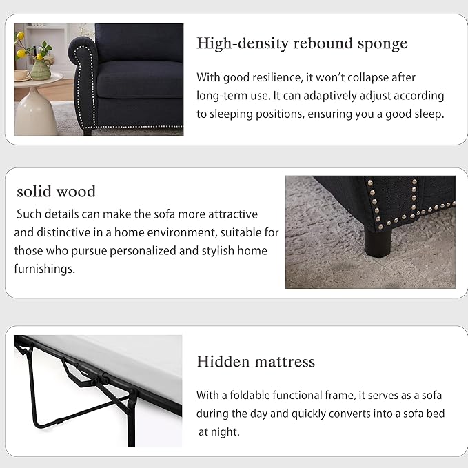 Queen Pull Out Sofa Bed 74' Large Convertible Sleeper Sofa 2 Seater Loveseat Sofa-Bed with Queen Size Mattress for Living Room Small Spaces Apartment Studio Dark Gray