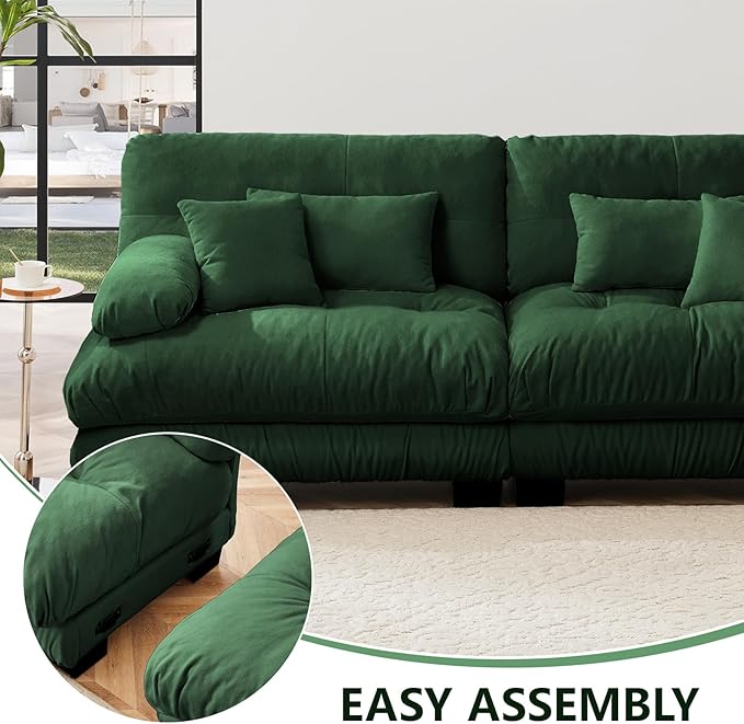 94.4 Modular Sectional Sofa Cloud Couch Chenille Deep Seat Loveseat w/ 2 Movable Ottoman U Shaped 2 Seater Small Couches for Small Spaces Sectional Couches for Living Room Apartment (Green)