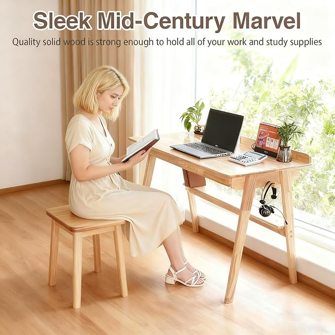 Mid-Century Modern 100% Solid Wood Writing Desk 39 Rubberwood Home Office Computer Table &amp Workstation Desk with 2 Drawers Lower Shelf &amp Side Hooks 350 lbs Load Laptop Desk