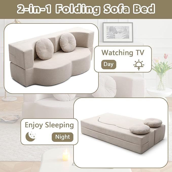 2-In-1 Futon Sofa Bed Foldable Couch with 2 Pillows Convertible Foldable Sofa Bed Folding Sofas Beds for Living Room Guest Room Apartment Office Lazy Sleeper Comfy No Assembly (khaki)