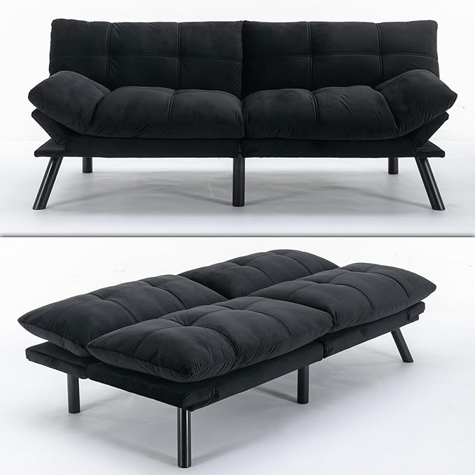 70“ Modern Velvet Futon Couch SleeperConvertible Sleeper Sofa Bed with Adjustable Backrests and Folding Armrest for Living Room Bedroom Office ApartmentSplit BackMattress Included (Black)