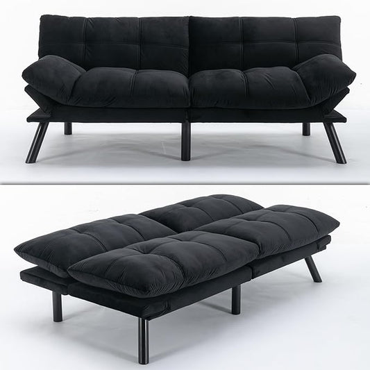 70“ Modern Velvet Futon Couch SleeperConvertible Sleeper Sofa Bed with Adjustable Backrests and Folding Armrest for Living Room Bedroom Office ApartmentSplit BackMattress Included (Black)