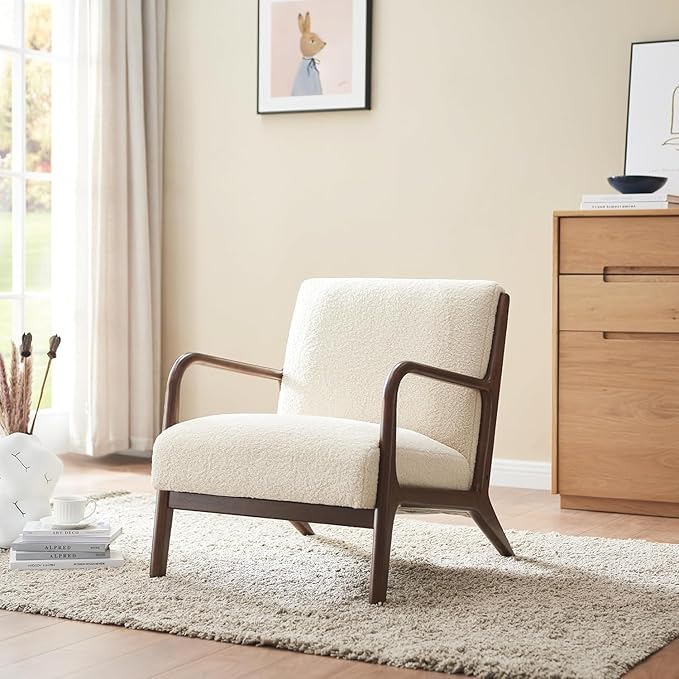 Mid-Century Modern Accent Chair with Cushions Solid Wood Frame Lounge Single Chair for Living Room Bedroom Office Designer StyleLambswool Beige White