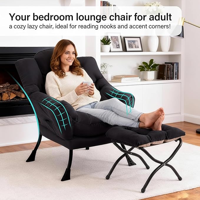 Lazy Chair with Ottoman Modern Accent Chair with Lumbar Pillow Black Sofa Armchairs with Folding Footrest Oversized Supportive Chairs for Bedroom Reading