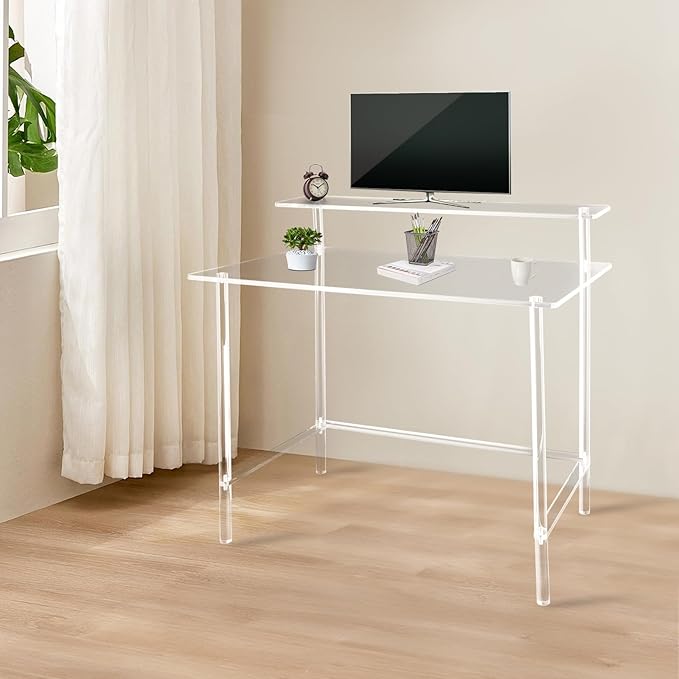 Clear Acrylic Desk Modern Writing Desk Standing Home Office Desk with Raised Monitor Stand Rectangular Computer Desk Table for Home Office Study Room Living Room Bedroom Clear