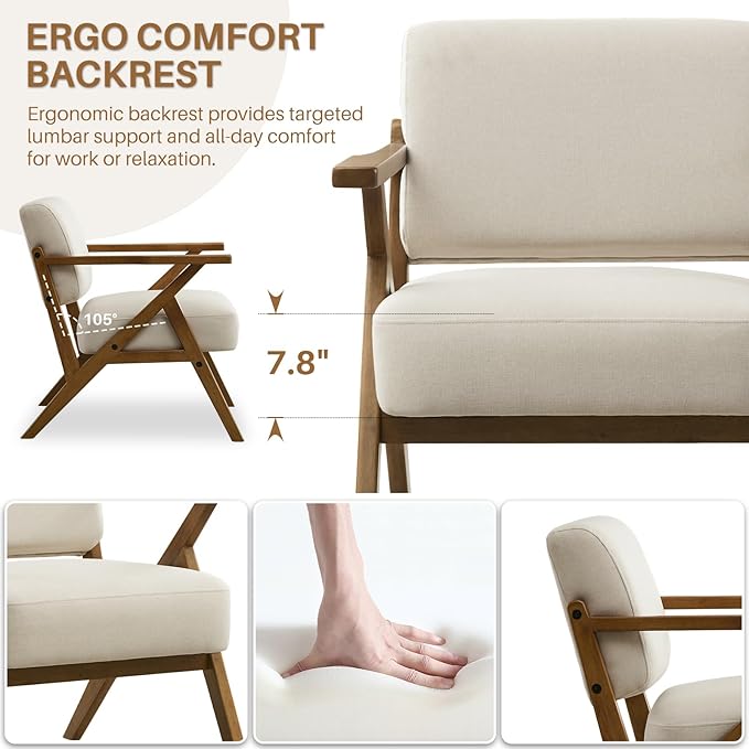 Mid Century Modern Accent Chair Set of 2 Linen Upholstered Boho Armchairs for Living Room Wood Frame Leisure Chair for Bedroom/Balcony/Hotel/CaféBeige
