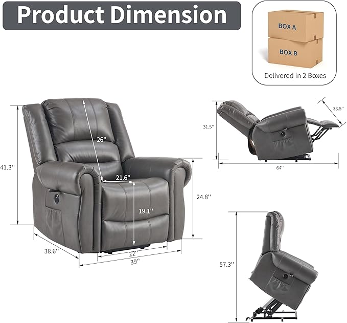 Power Lift Recliner Chair with Massage and Heating PU Leather Electric Recliner Sofa with USB Charger 300lbs Capacity Lift Chair 8-Point Massage &amp Lumbar Heating Easy Assembly(Gray)