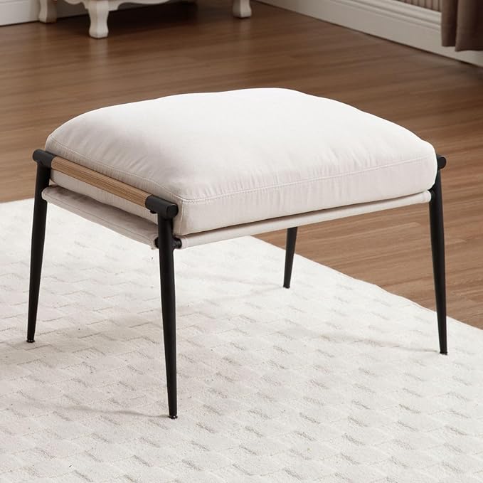LukeAlon Upholstered Chenille Footstool Modern Ottoman Footrest Small Shoe Stool with Black Metal Legs Mid Century Vanity Stool with Wooden Armrests for Living Room Entrance Cushion Removable Beige