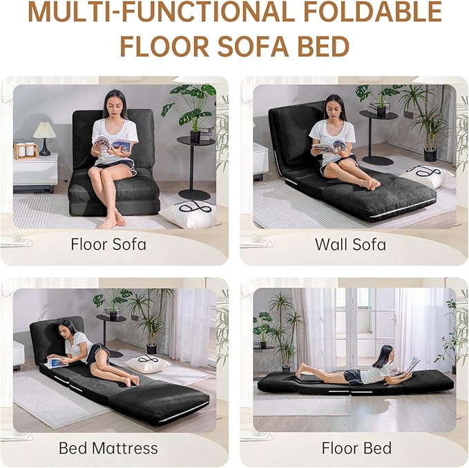 tantohom Floor Sofa Bean Bag Bed Foam Filling Fold Full Floor Mattress with Washable Soft Faux Fur Cover Floor Couch for Bedroom Living Room (Black Small)