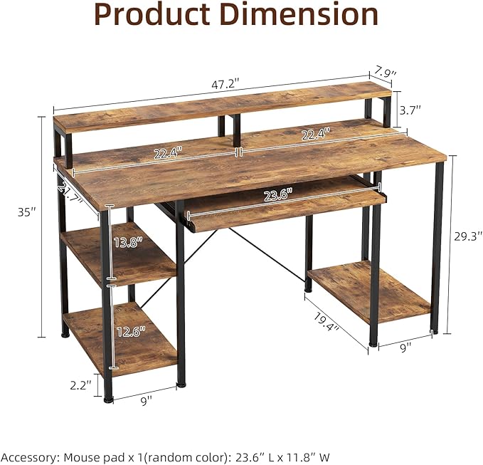 VERMESS 48Inch Computer Desk Home Office Desks with Keyboard Tray Gaming Desk with CPU Stand ShelfIndustrial Study Table Wide Writing Desk with Storage Shelves for 2 Monitors Rustic Brown