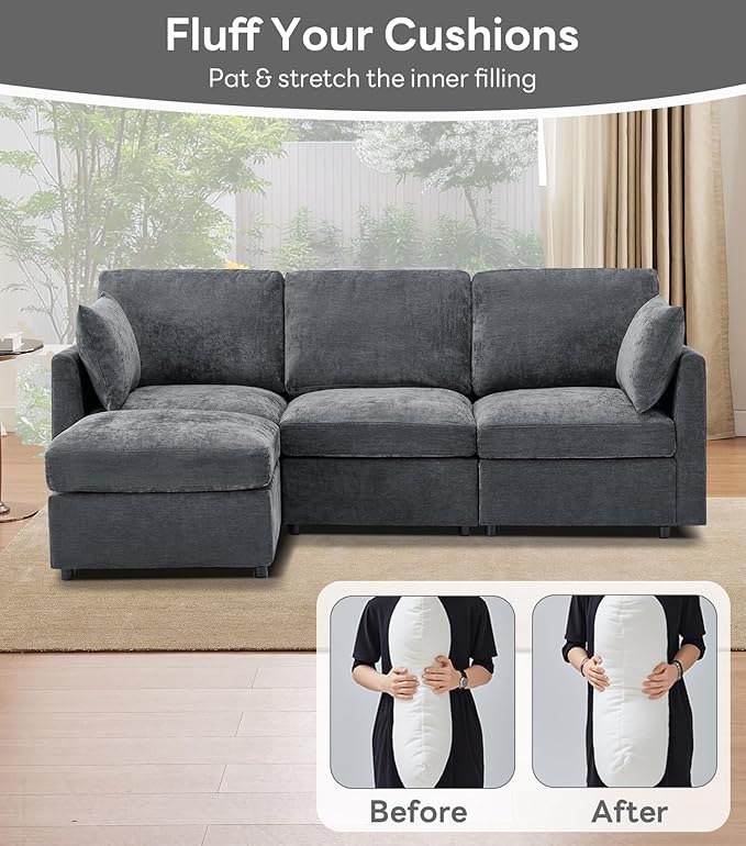 Tbfit Convertible L Shaped Couch Sectional Sofa for Living RoomChenille Cloud Couch with Ottoman 4 Seat (Grey)