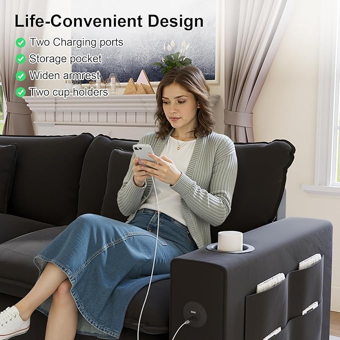 80.7 Modular Sectional Sofa L Shaped Cloud Couch with Movable Ottoman Chenille Deep Seat Cloud Sofa with Charging Station Cup Holder Side Pocket Sectional Couches for Living Room Black