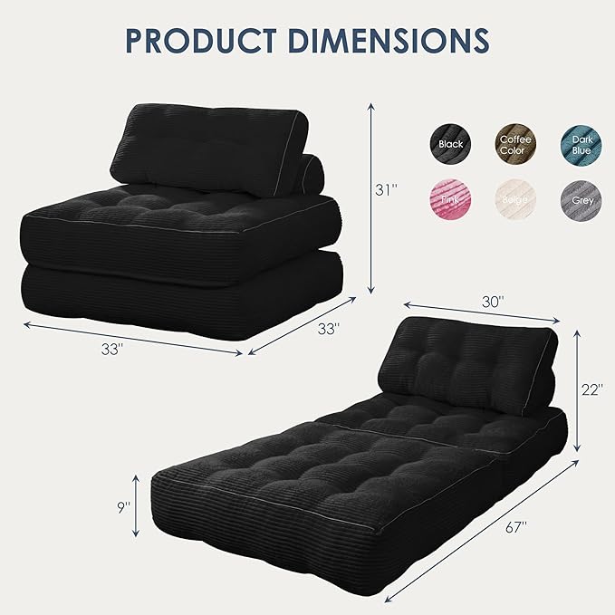 Folding Sofa BedConvertible Sleeper Chair for Adults Folding Sofa Bed Foam Filling Couch with PillowSleeper Chairs Single Size Floor MattressBlack