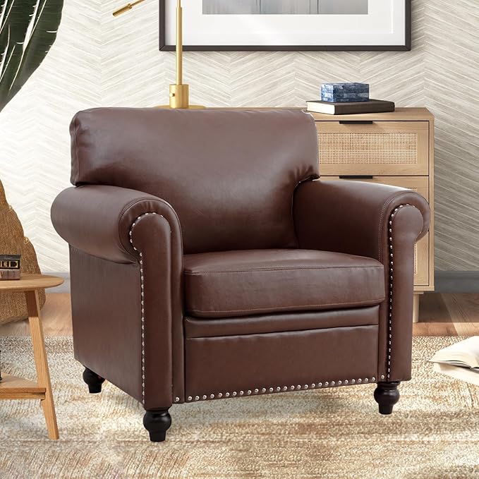 Brown Faux Leather ChairMid Century Modern Accent Chair Set for Office Bedroom Living Room with Deep Seats Detachable Cushions and Nailhead Rolled Arms Easy Assembly