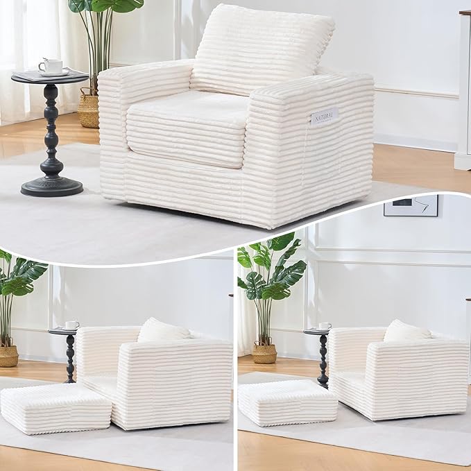 EROMMY 37.4 Boneless Swivel Accent ChairOversized Detachable Seat Swivel Chair for Living Room and Bedroom Modern Corduroy Upholstered Accent Armchair Beige