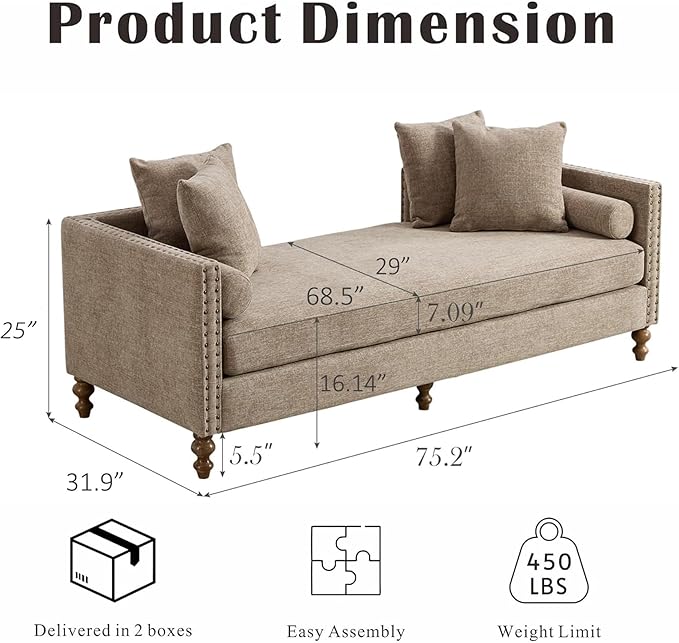Mlmh &amp Kngwa 75 Upholstered Oversized Chaise Lounge Chair Indoor with Armrests &amp 6 Pillows &amp Solid Wood Legs for Bedroom Living Room ChenilleTaupe
