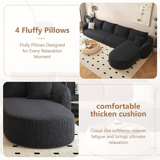 138.6 L Shaped Modern Modular Sectional Curved Back Sofa Minimalist Style Comfy Cloud Couch for Living Room Apartment No Assembly Required Boneless Couches (BlackRight Facing Chaise)
