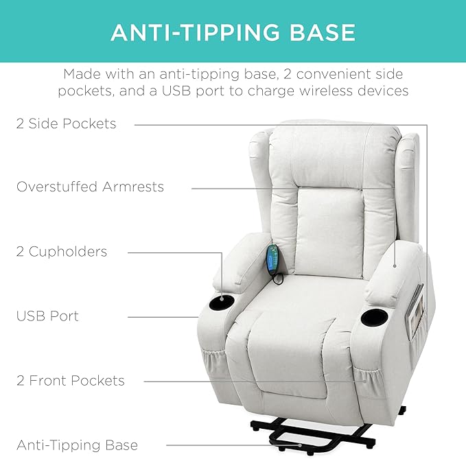 Best Choice Products Modern Linen Electric Power Lift Chair Recliner Massage Chair Adjustable Furniture for Back Legs w/ 3 Positions USB Port Heat Cupholders Easy-to-Reach Button - Ivory