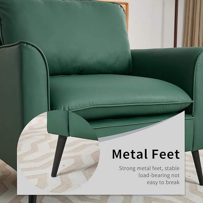 YITAI Modern Accent Living Room ChairsFaux Leather Oversized Single Sofa Chair with Metal Legs Mid Century Comfy Armchair for Bedroom/Office Reading/Lounge/Office/Reception1PCGreen
