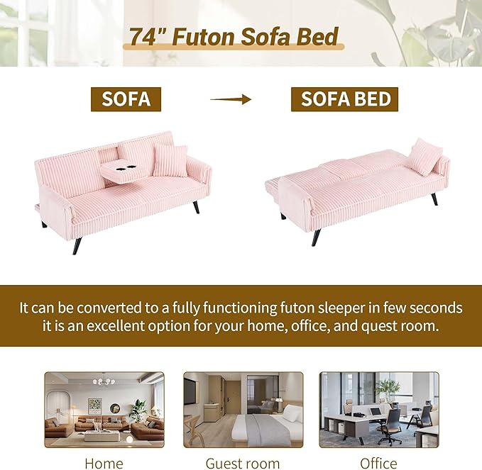 72 Modern Corduroy Sofa Bed FutonConvertible Sleeper Couch Bed with Cup Holder4 Reclining PositionsFolding Sofa Cloud Loveseat for Small Living Room Apartment Office (Pink-New)