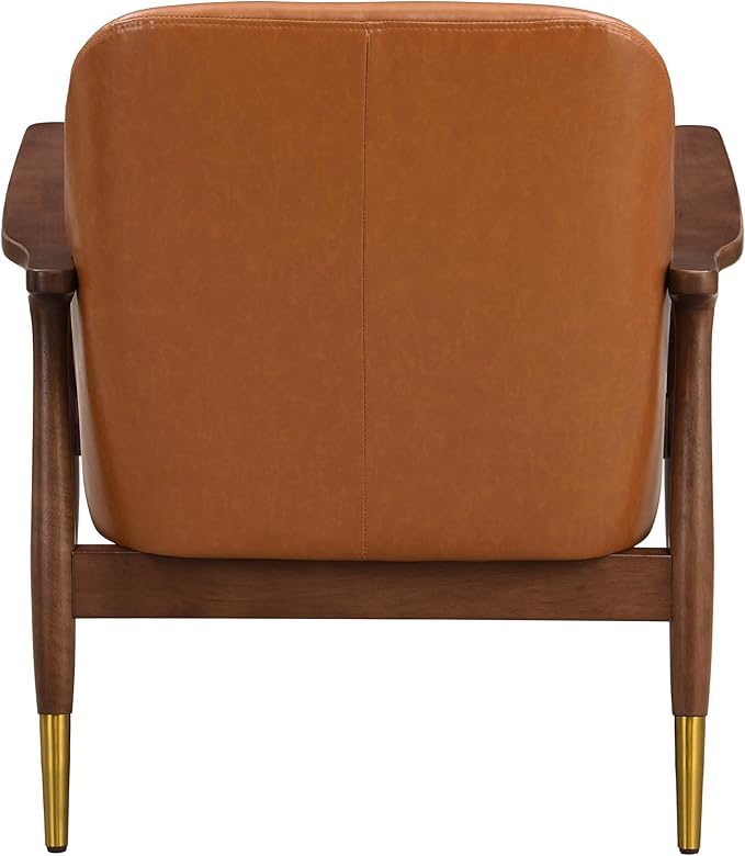 29.2 Mid-Century Modern Faux Leather Accent Chair with Padded Seat Solid Wood Frame &amp Brass Leg Caps - Perfect for Living Room Bedroom or Office Lounge (Brown)