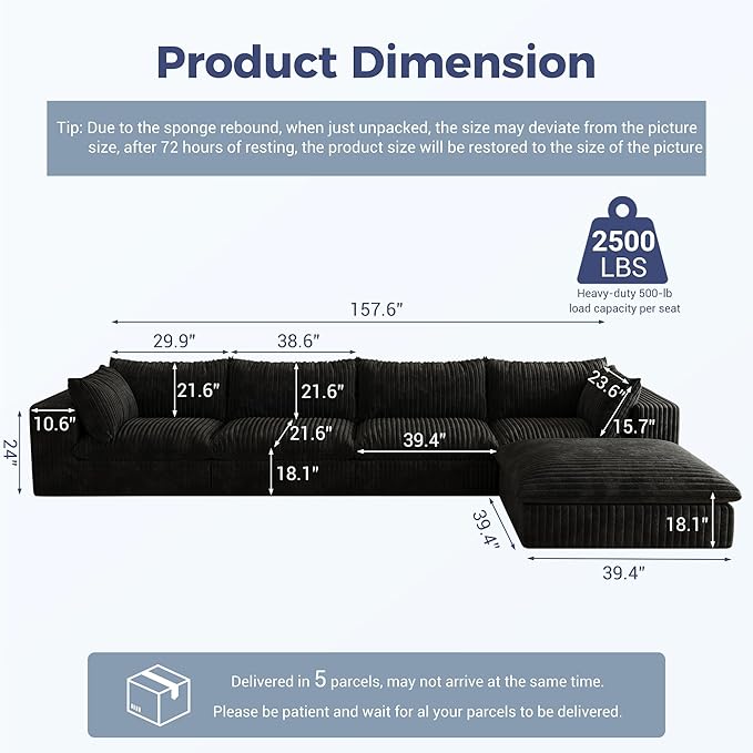 157.6 Oversized L Shaped Modular Boneless Sofa with Ottoman Cloud Sectional Couches for Living Room Deep Seat Corduroy Upholstered Couch Furniture Set No Assembly Required (4 Seater+1 Ottoman)