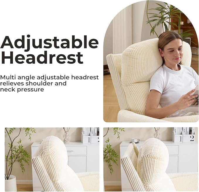 Oversized Swivel Rocker Recliner Chair with Massage and Heat Manual Swivel Glider Rocker Recliner with 2 Pillows Rocking Nursery Chair with Storage Ottoman Adjustable HeadrestCorduroy Beige