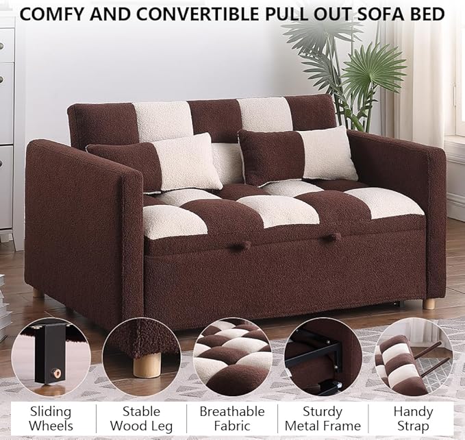 Convertible Sofa Bed - 53.5'' Loveseat Sleeper Sofa3-in-1 Teddy Velvet Pull-Out Bed with Adjustable BackrestMulti-Functional Lounge Chair for Living RoomSmall Space(Brown + Beige)