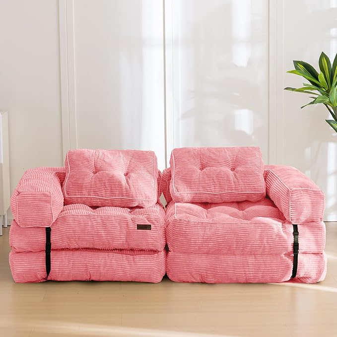 MAXYOYO Folding Sofa Bed L-Shaped Convertible Sofa with Armrest Foldable Sleeper with Pillow Portable Fold Out Chair Bed Comfy Floor Lounge for Living Room Bedroom Pink