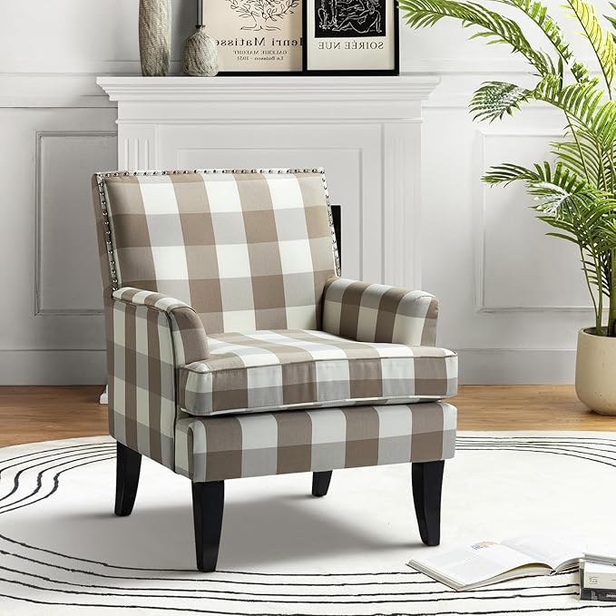 High Back Accent Arms Chair Modern Accent Chair with Wooden Legs Reading Chair with Padded Armrest and Comfortable Cushioned Seat for Living Room Bedroom