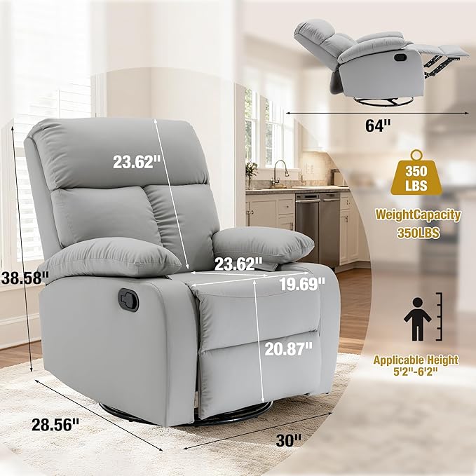 Swivel Rocker Recliner Rocking Chair Nursery Small Rocker Recliners for Small Spaces Living Room Bedroom Nursery RV Light Grey