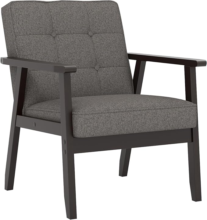 Modern Accent Chair with Arm Rest Upholstered Linen Fabric Leisure Chair Comfy Side Chair with Backrest Button and Wooden Frame for Living Room Bedroom Reading(Gray)