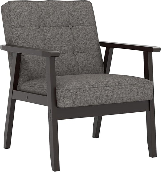 Modern Accent Chair with Arm Rest Upholstered Linen Fabric Leisure Chair Comfy Side Chair with Backrest Button and Wooden Frame for Living Room Bedroom Reading(Gray)