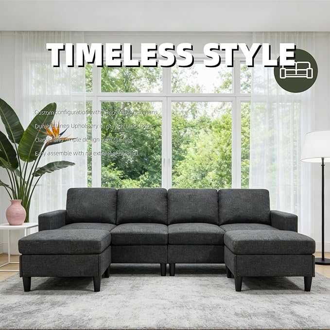 101 L-Shape Modular Sectional Couch Convertible Linen Couch with 2 Ottomans Modern 4 Seater Upholstered Modular Sectional Sofa for Apartment Living Room Charcoal Black
