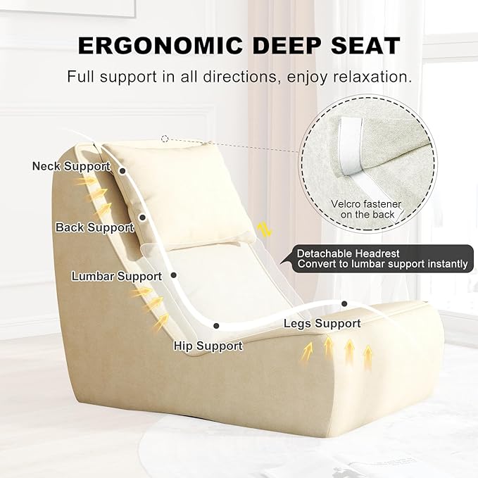 Giant Bean Bag Chair for Adults - Indoor Chaise Lounge with Neck Pillow &amp Ottoman All-in-One Sponge Design Comfy Floor Chair for Reading Gaming Napping and Movies (Khaki)